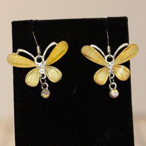 Yellow Butterfly Dangle Earrings Rhinestone Accents & Hook Backs Approx 1" Drop